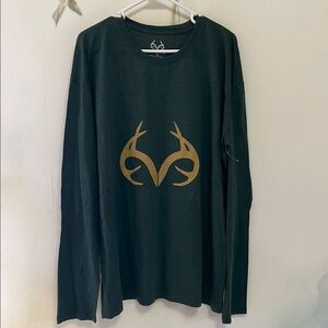 Realtree Dark Green Long Sleeve Tee with Gold Antlers Print